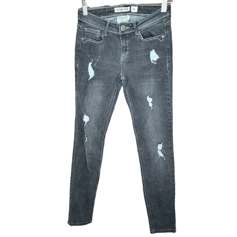 Sneak Peek Jeans Womens Size 5 Faded Black Whisker Wash Skinny Distressed Casual - Picture 1 of 12